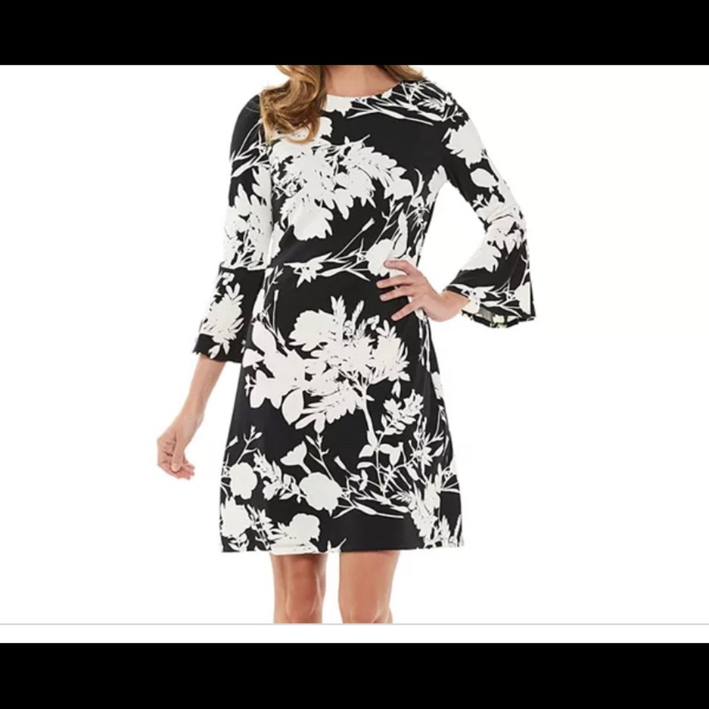 Size 14 Chaps Black/White Floral Sheath Dress